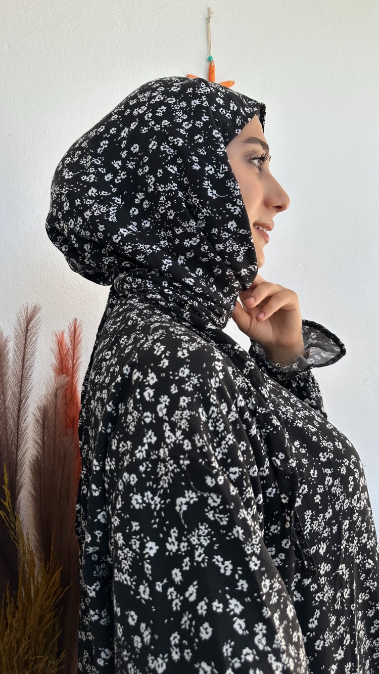 Şal Birleşik Namaz Elbisesi - Siyah Çiçekli