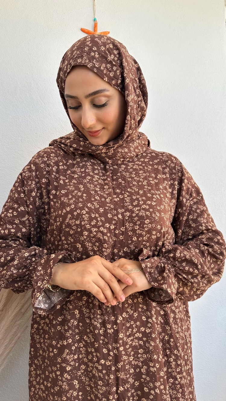 Şal Birleşik Namaz Elbisesi Kahve Çiçekli