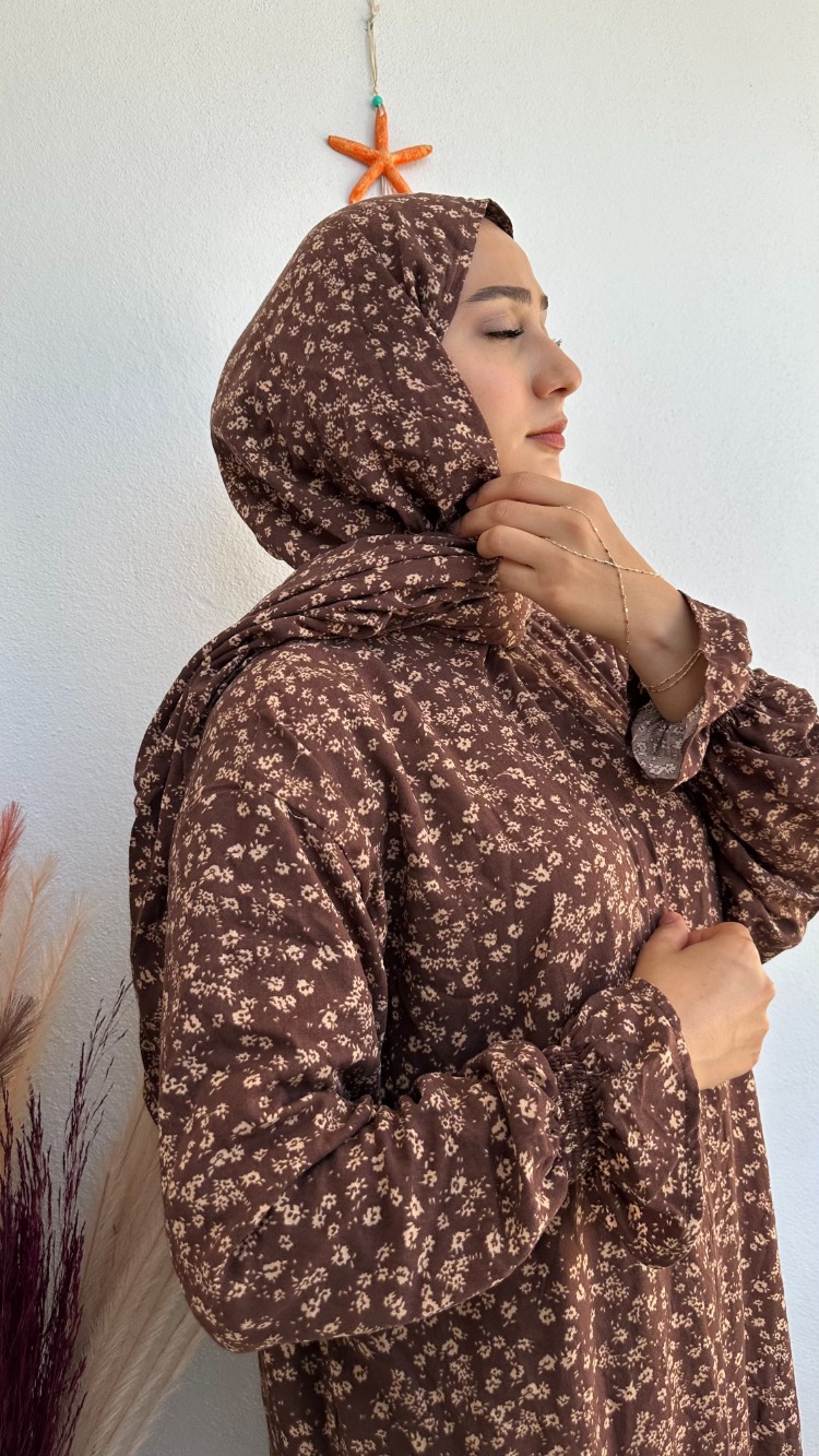 Şal Birleşik Namaz Elbisesi Kahve Çiçekli