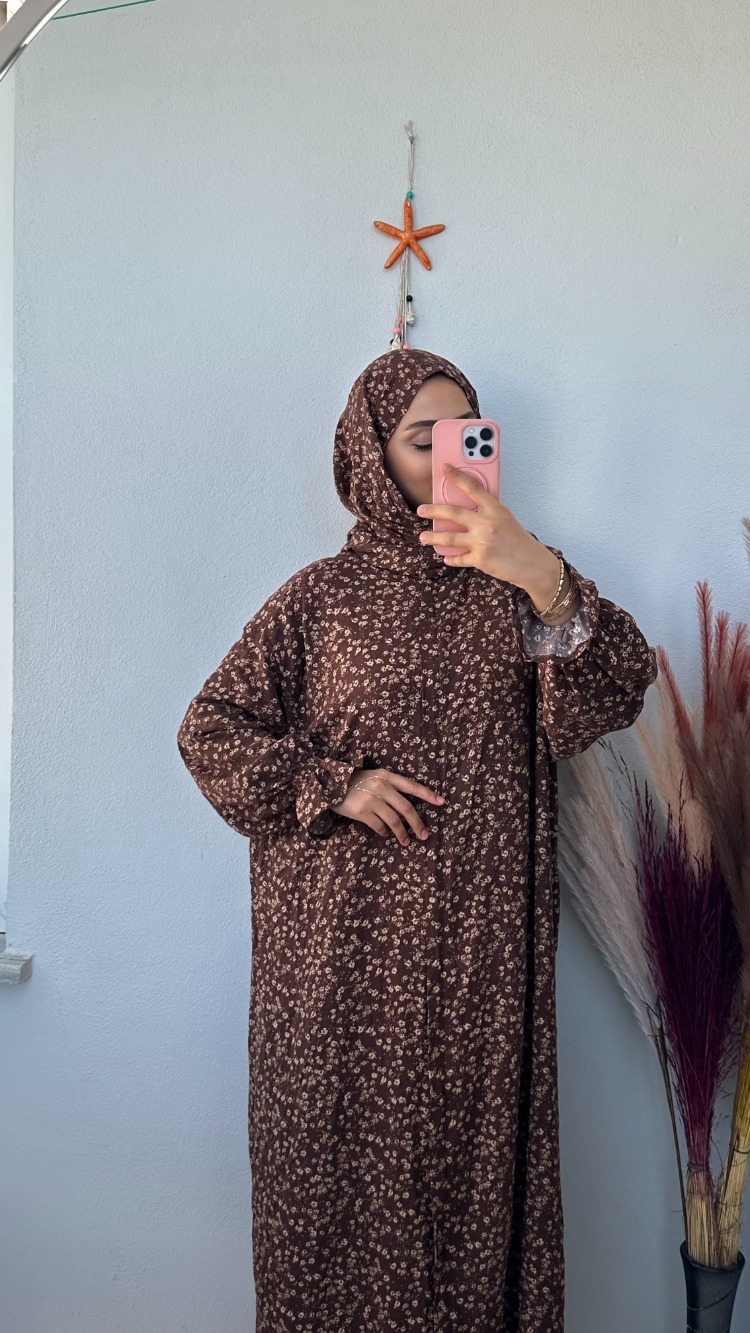Şal Birleşik Namaz Elbisesi Kahve Çiçekli