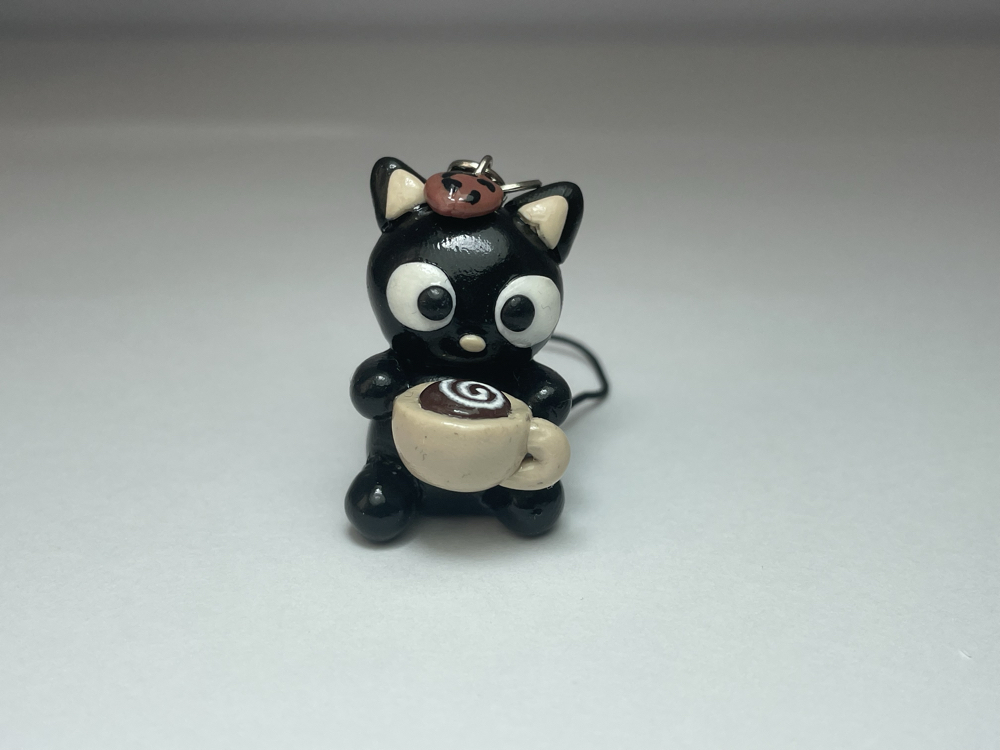 kahve içen siyah kedi figür anahtarlık/charm