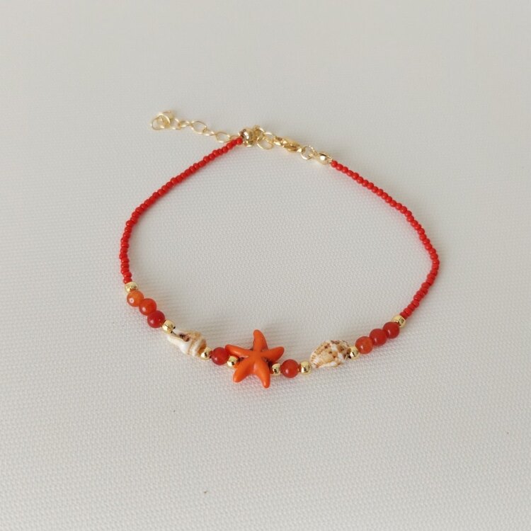 Deniz Yıldızlı Kırmızı Boncuk Halhal 