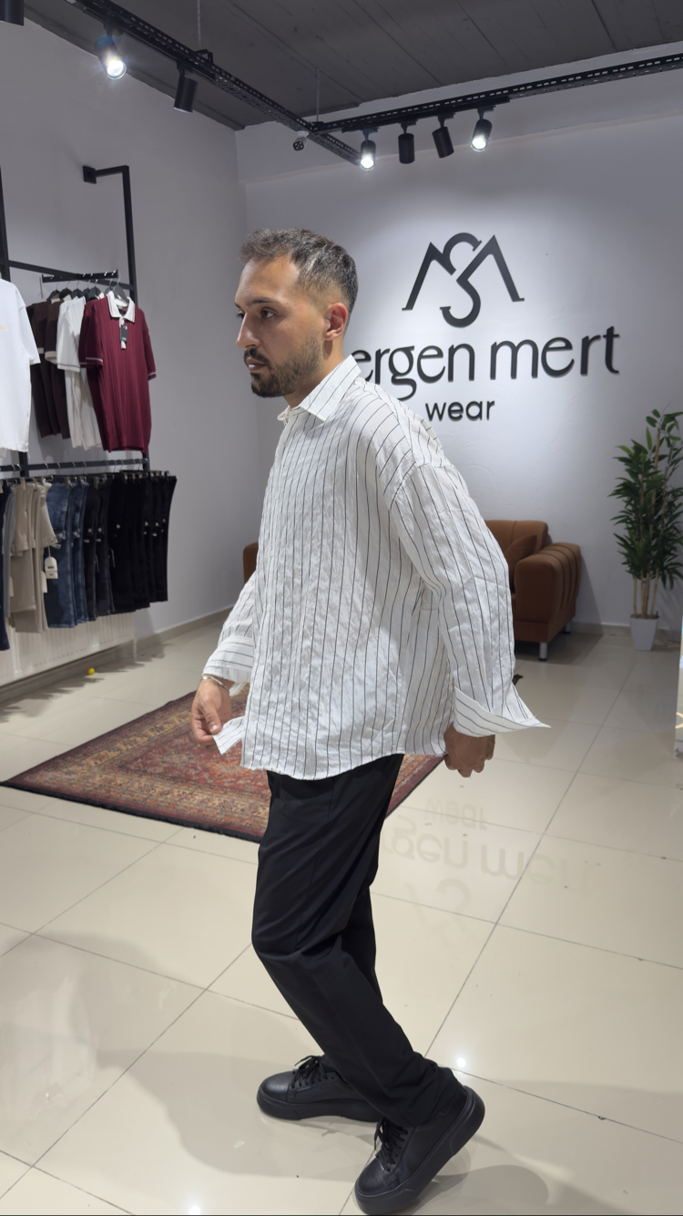 Oversize Siyah Çizgili Modal Gömlek Beyaz 
