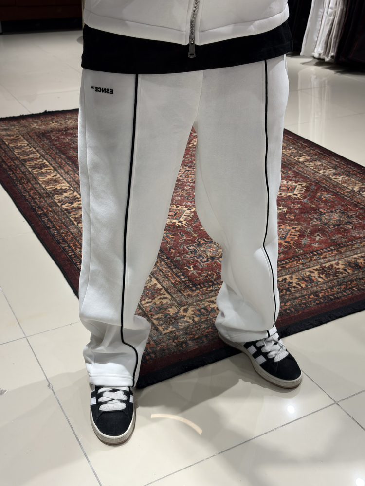 Siyah Şerit Detaylı Fermuarlı Hoodie Set Beyaz