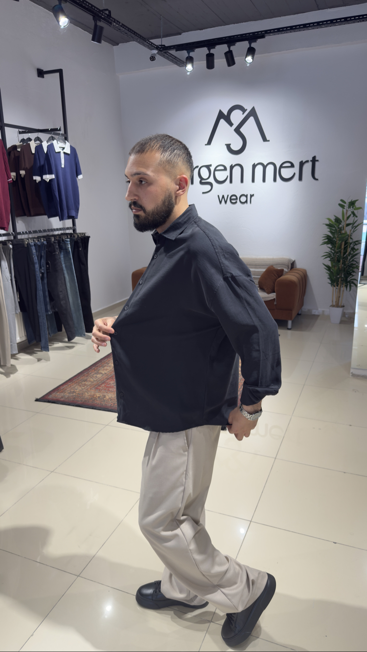 Oversize Yıkamalı Modal Kumaş Gömlek Siyah (Premium) 