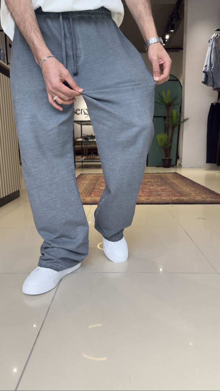 Baggy İki İplik Yıkamalı Eşofman Altı Füme Mavi
