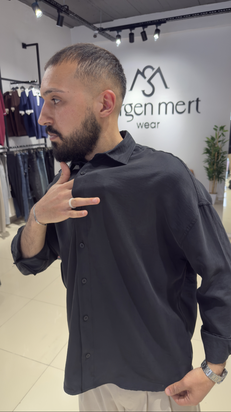 Oversize Yıkamalı Modal Kumaş Gömlek Siyah (Premium) 