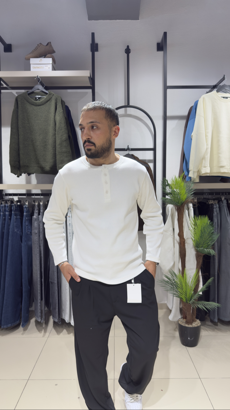 Regular Fitilli Henley Yaka Uzun Kollu Tişört Beyaz