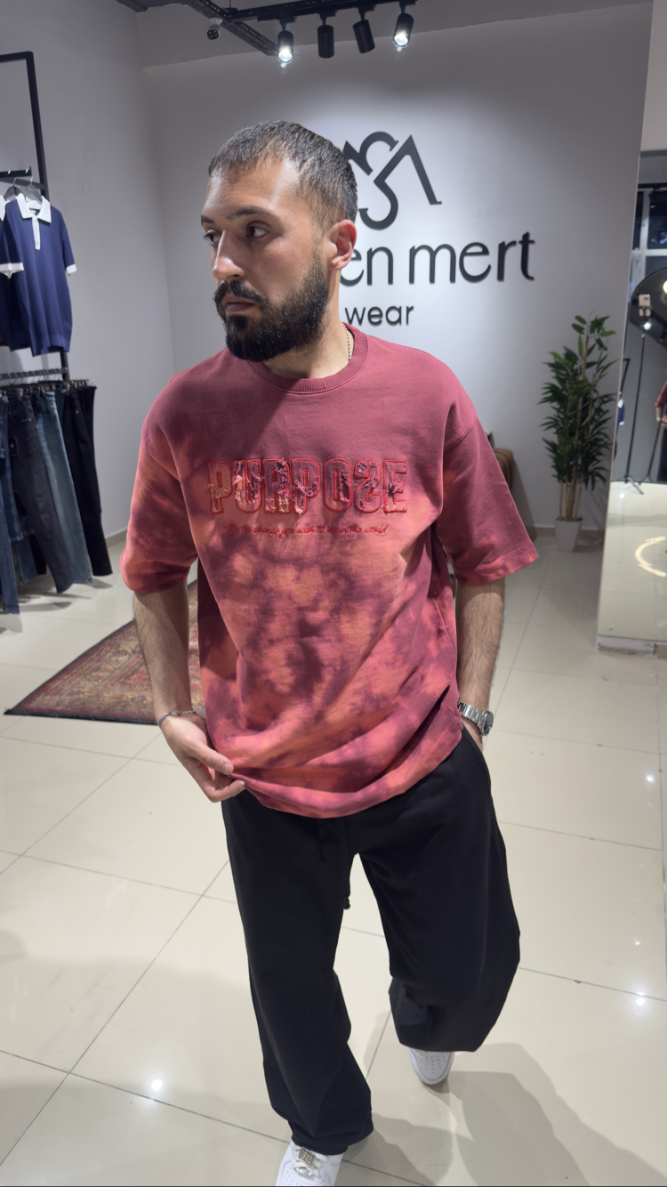 Oversize Yıkamalı Üç İplik Ham Kumaş Desenli Nakışlı Tişört Gül Kurusu 