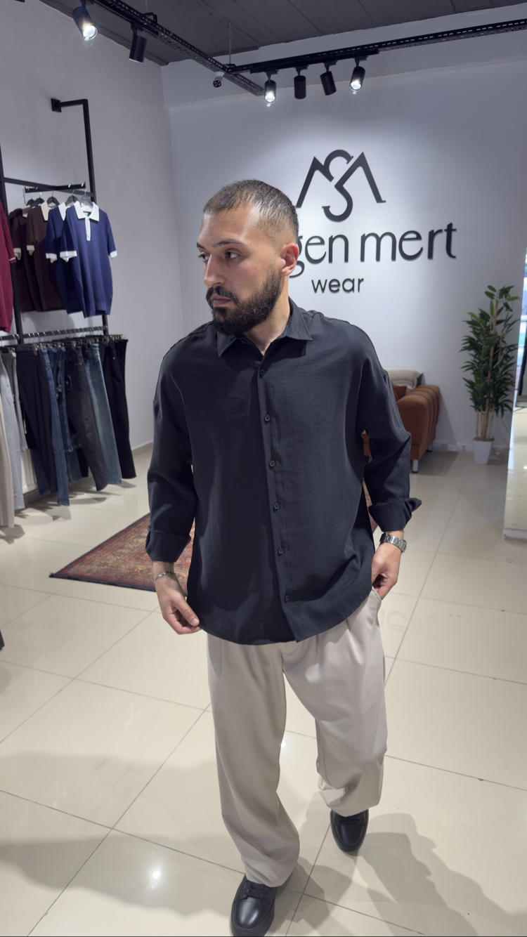 Oversize Yıkamalı Modal Kumaş Gömlek Siyah (Premium) 