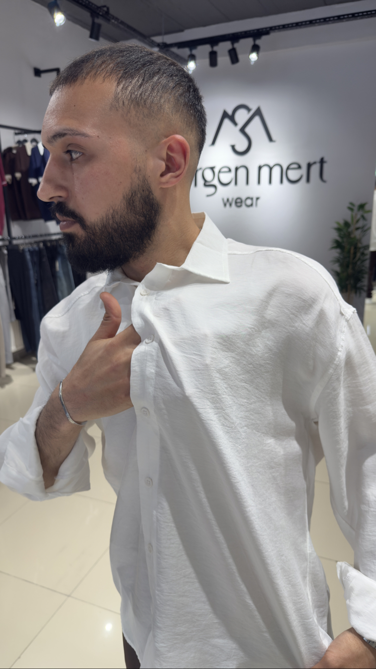 Oversize Tensel Kumaş Gömlek Beyaz