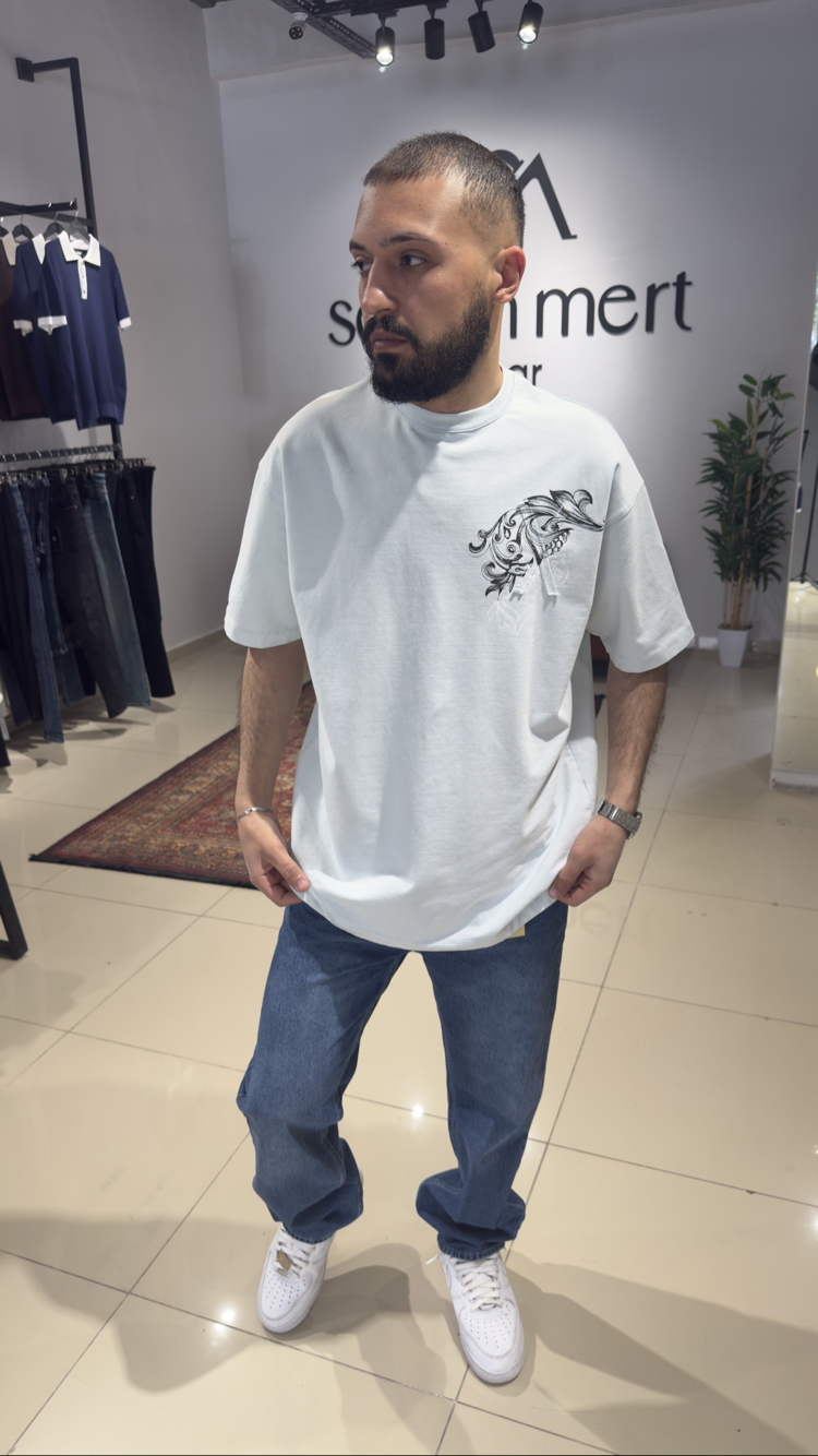 Oversize İki İplik Baskı Detaylı Tişört Buz Mavi 