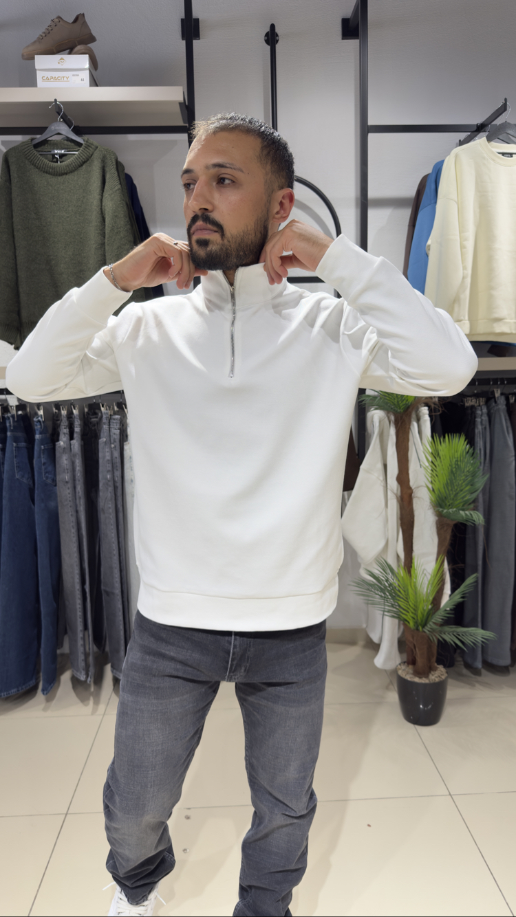 Regular İnterlok Kumaş Yarım Fermuar Sweatshirt Beyaz