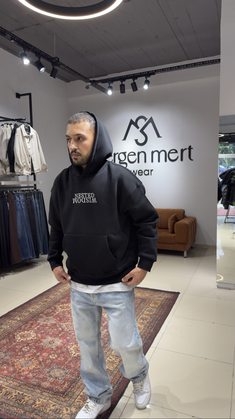 Oversize Baskılı Nakışlı Hoodie Siyah