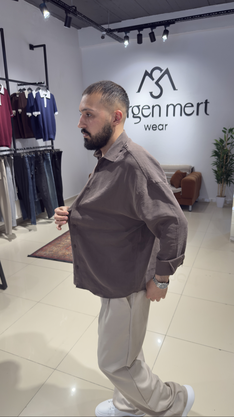 Oversize Yıkamalı Modal Kumaş Gömlek Kahverengi (Premium)