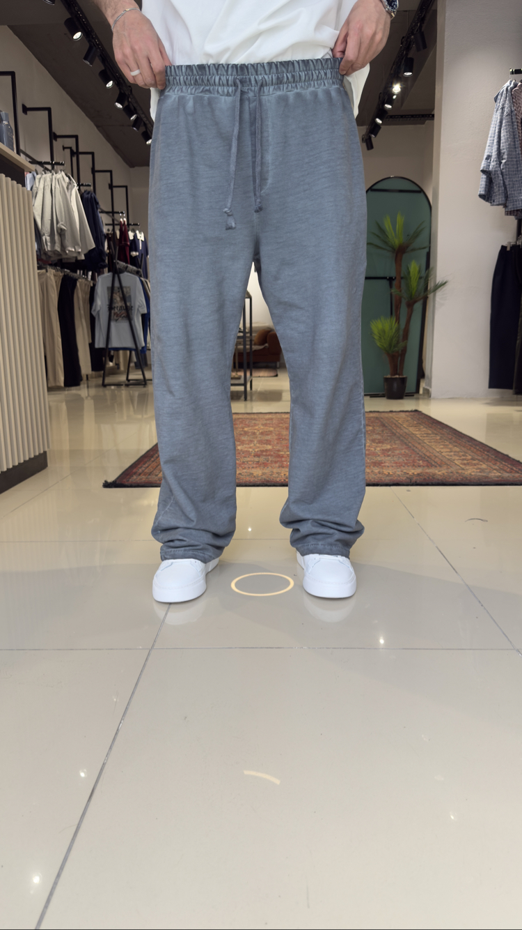Baggy İki İplik Yıkamalı Eşofman Altı Füme Mavi