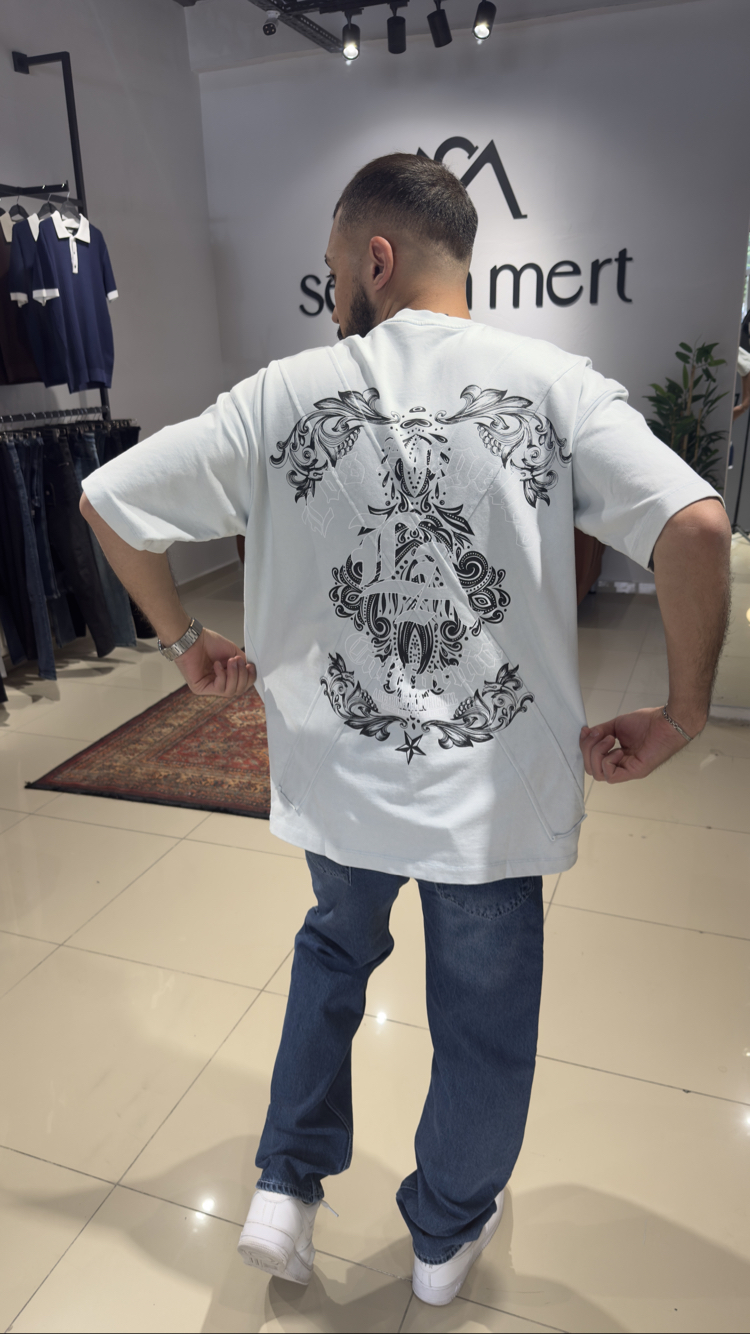 Oversize İki İplik Baskı Detaylı Tişört Buz Mavi 