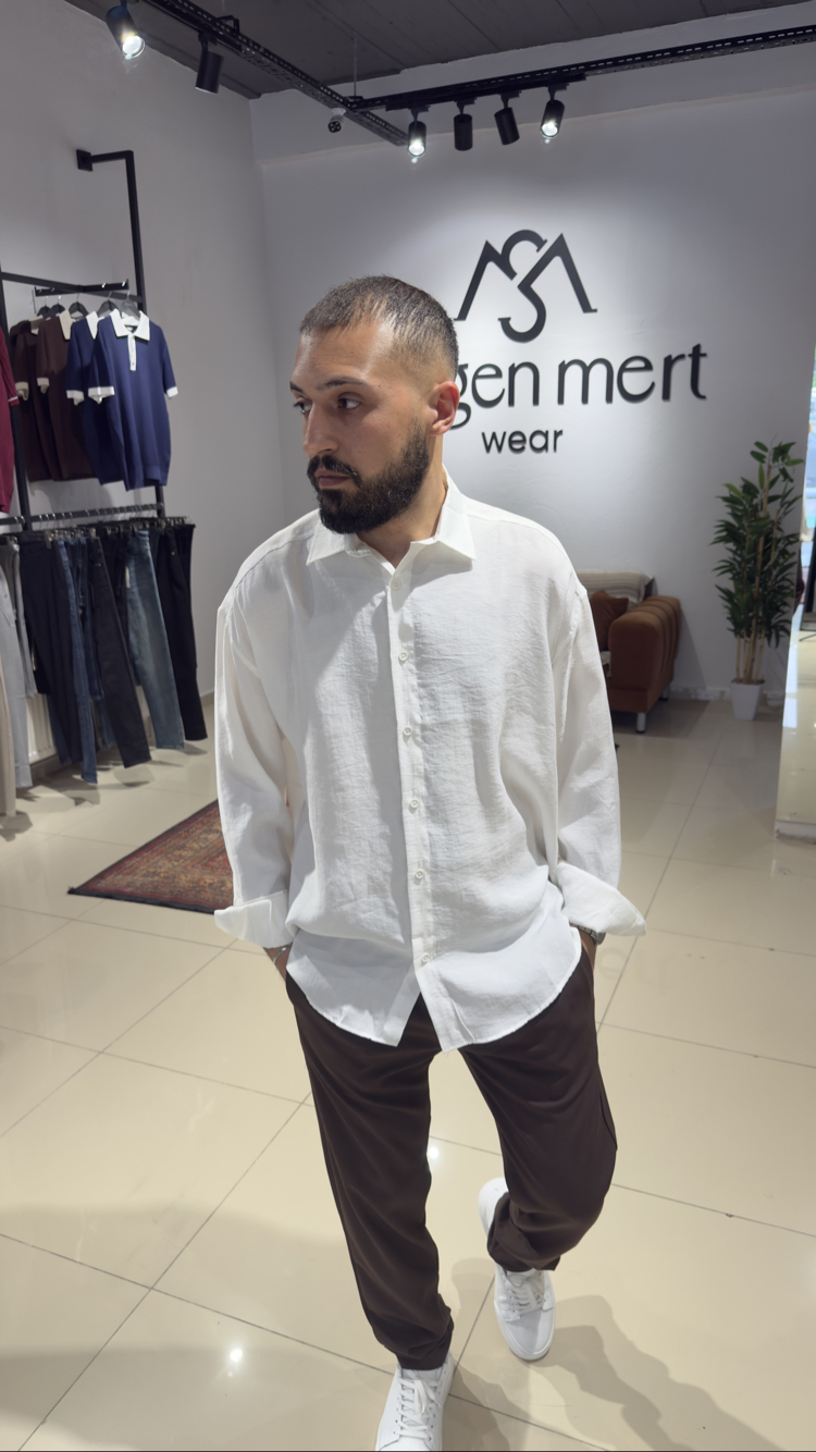 Oversize Tensel Kumaş Gömlek Beyaz