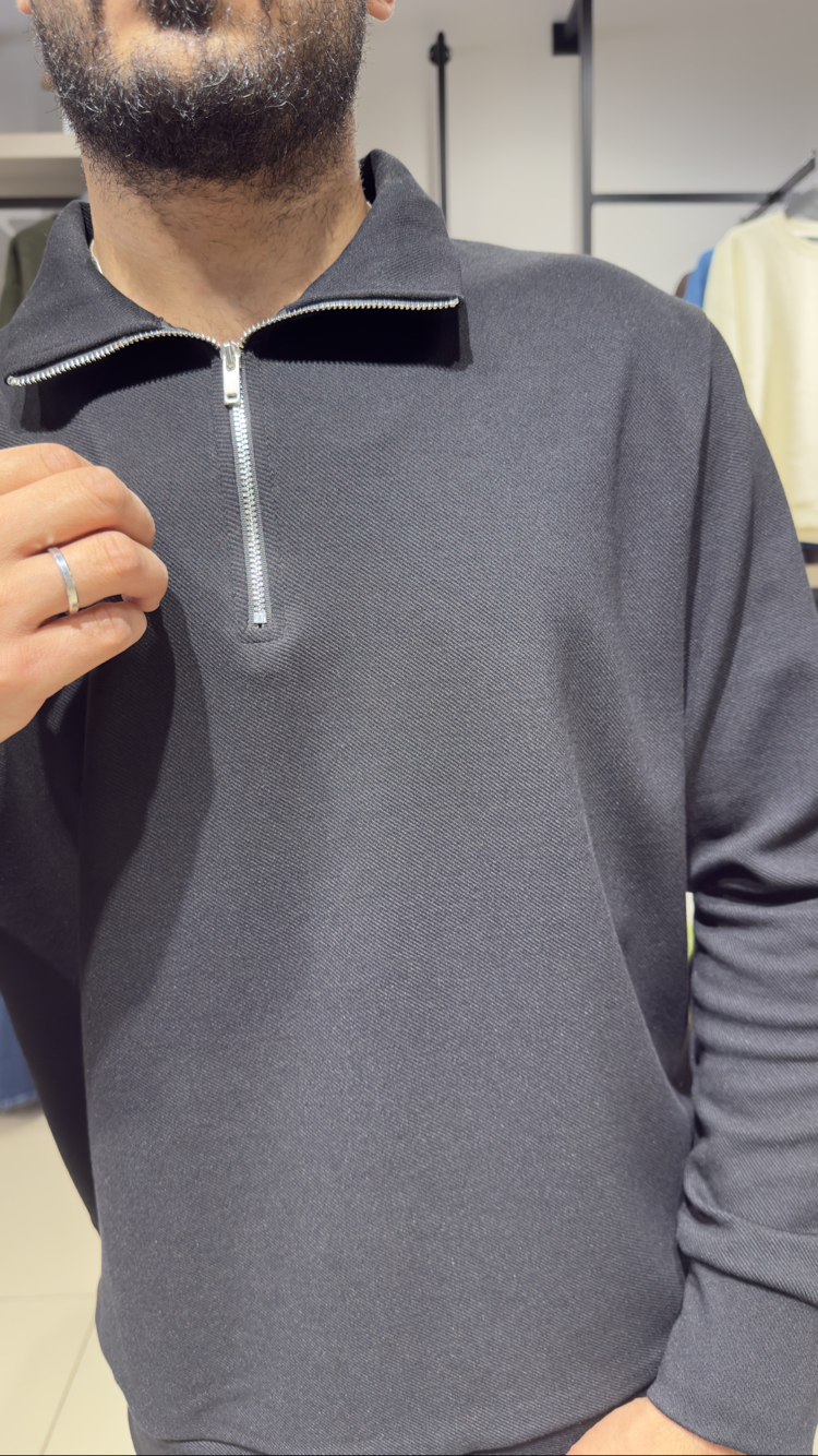 Regular İnterlok Kumaş Yarım Fermuar Sweatshirt Siyah 