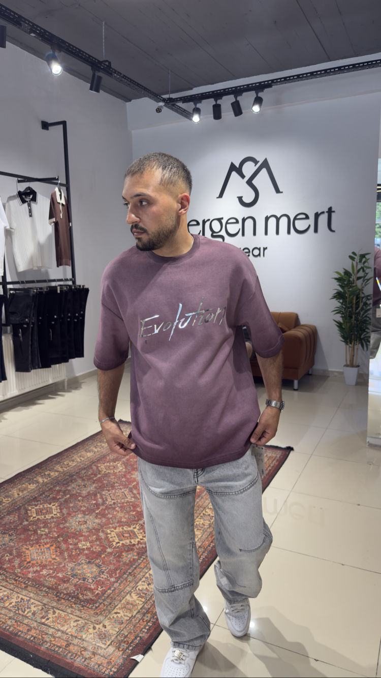 Oversize Silikon Baskı Detaylı Yıkamalı Tişört Bordo
