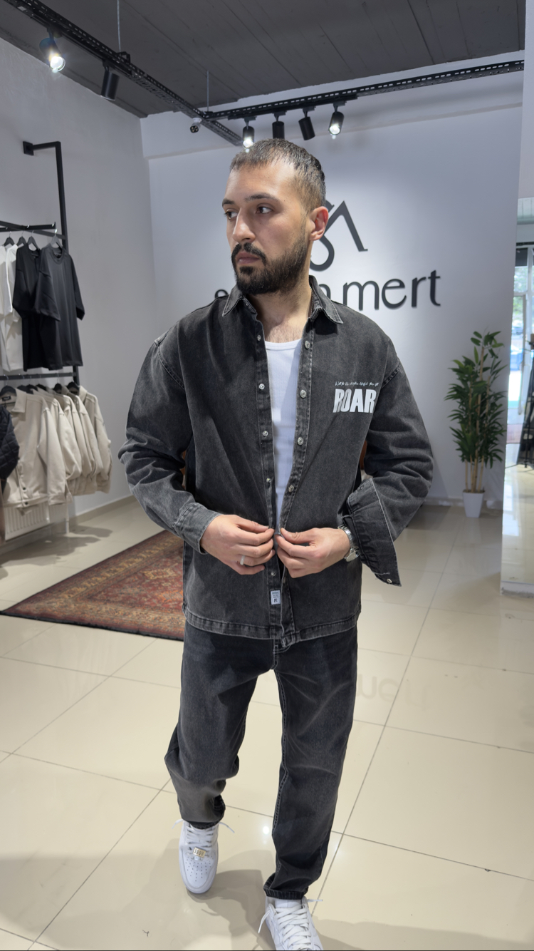 Oversize Baskılı Denim Gömlek Antrasit  