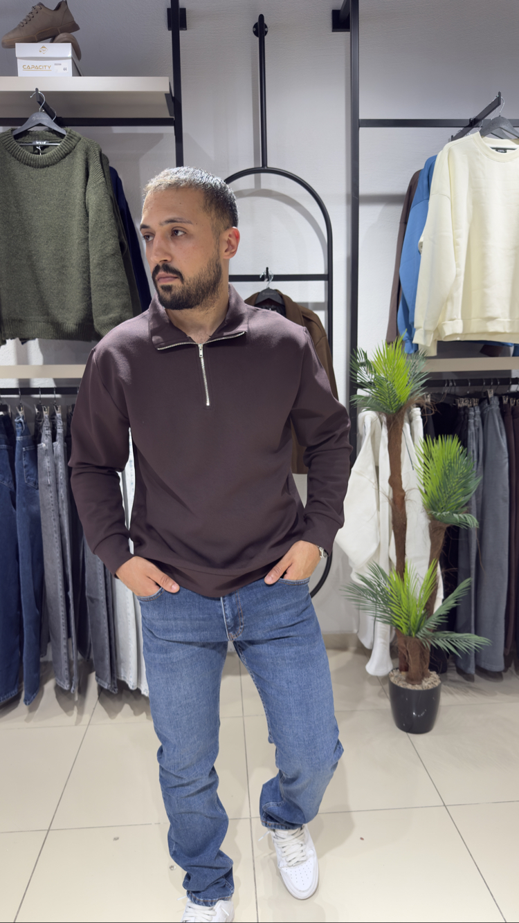 Regular İnterlok Kumaş Yarım Fermuar Sweatshirt Acı Kahve 