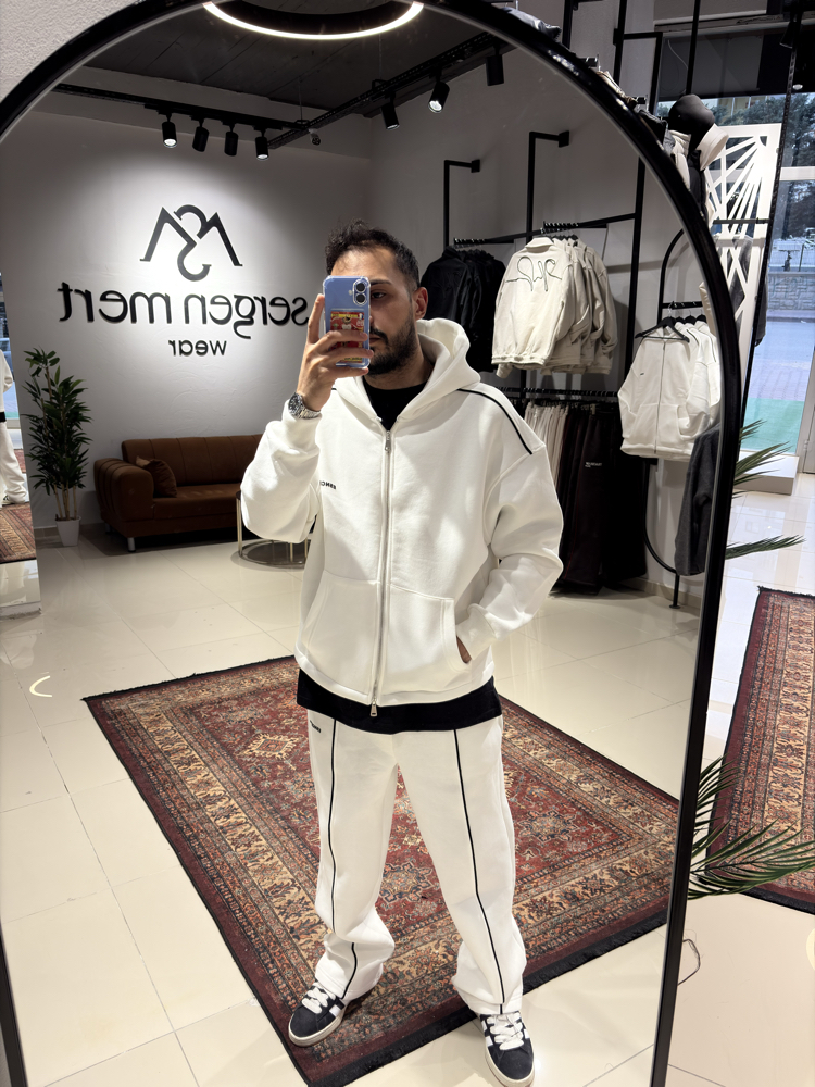 Siyah Şerit Detaylı Fermuarlı Hoodie Set Beyaz