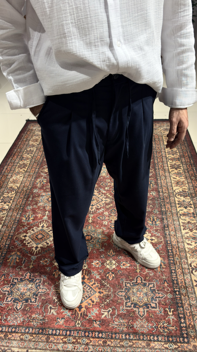 Baggy Pileli Kumaş Pantolon Lacivert