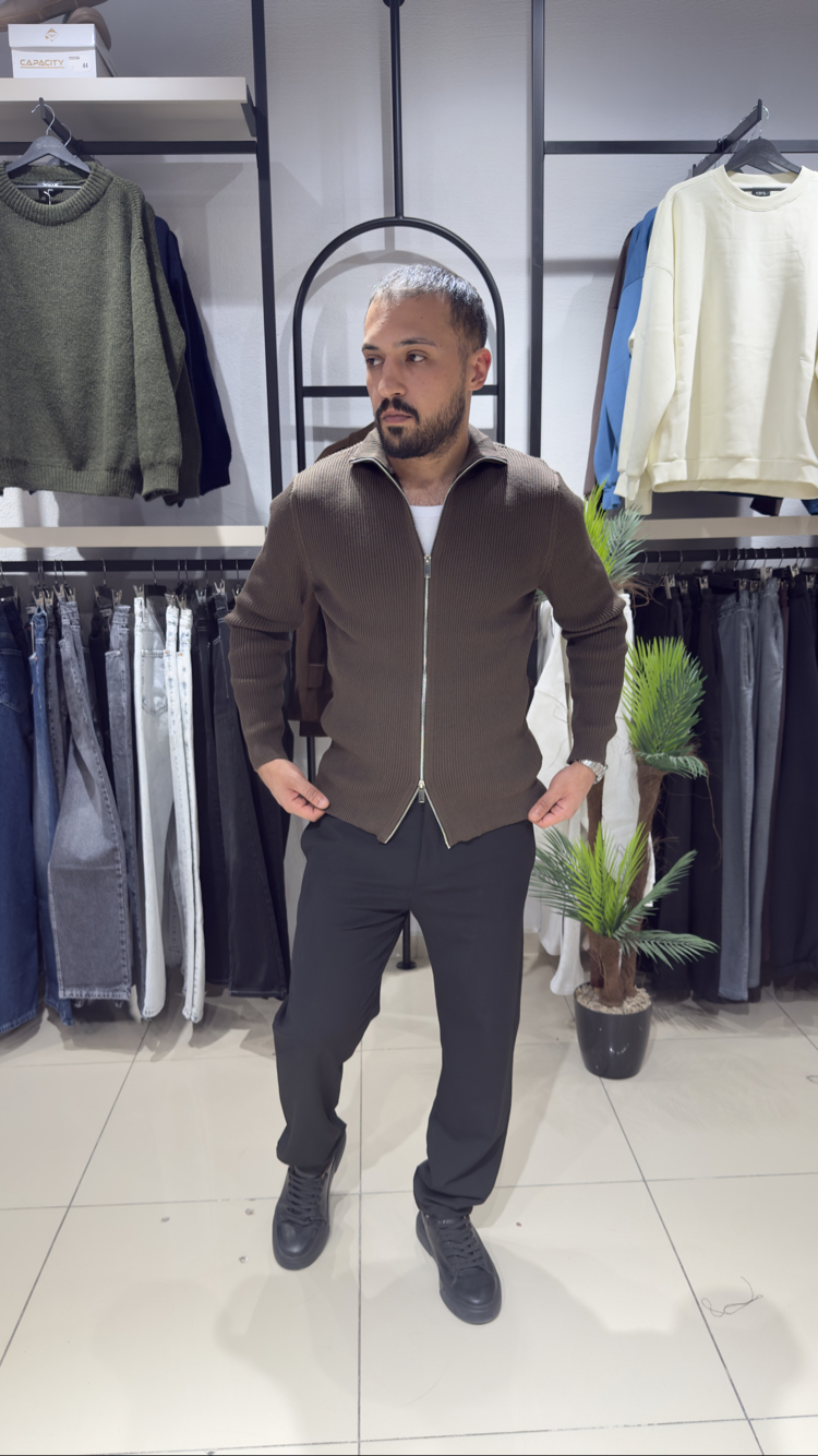 Regular Fit Çift Fermuar Triko Hırka Acı Kahve