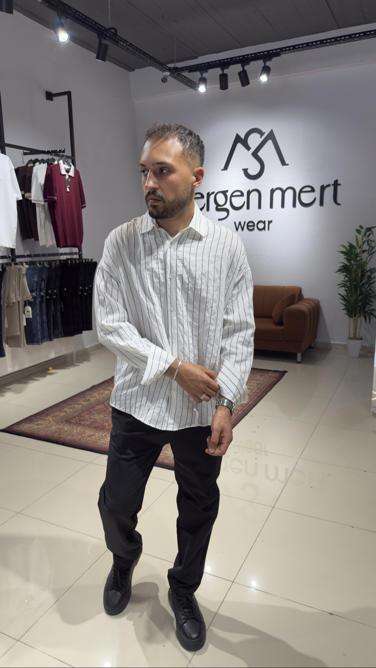 Oversize Siyah Çizgili Modal Gömlek Beyaz 