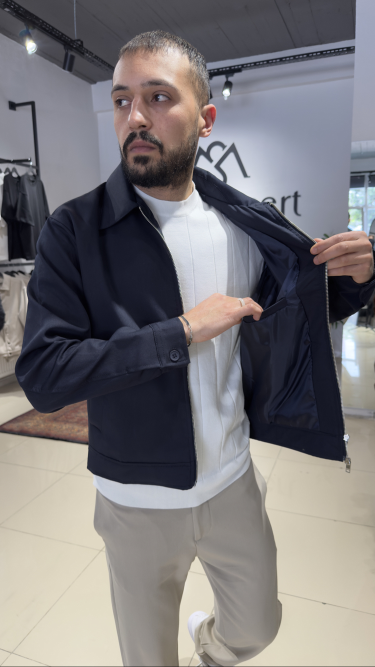 Crop Fit Çift Fermuarlı Mevsimlik Ceket Lacivert (Premium) 
