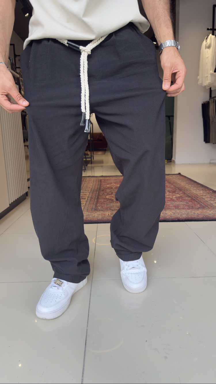 Baggy Kemerli Keten Pantolon Siyah