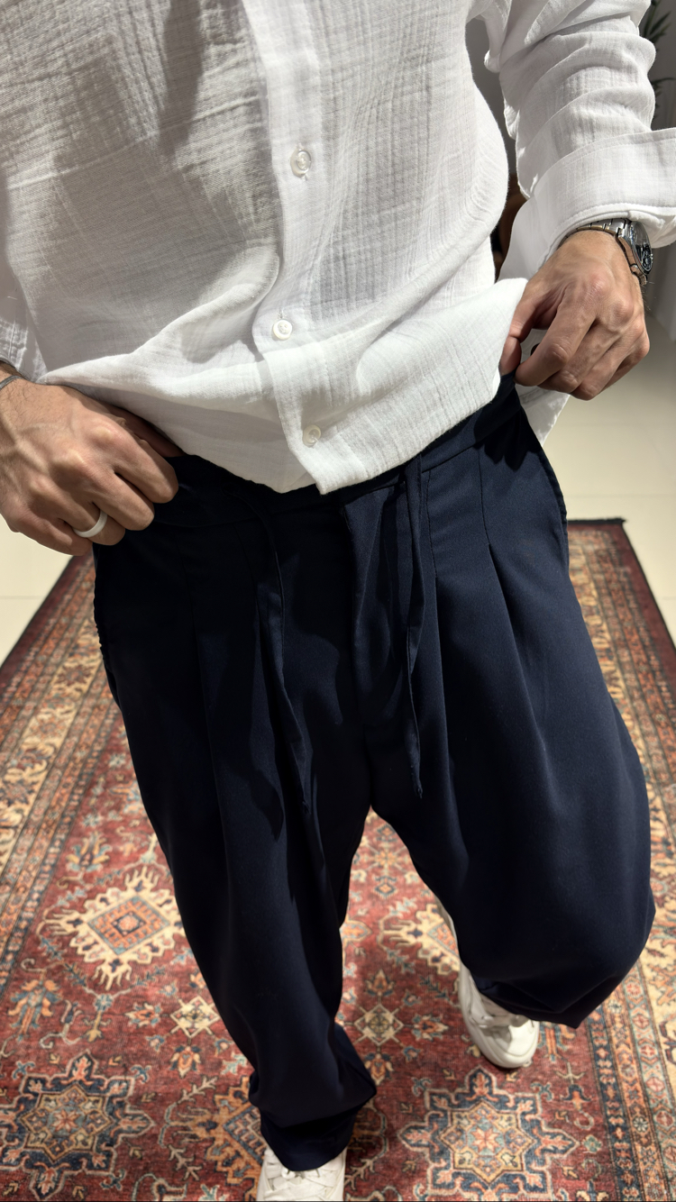 Baggy Pileli Kumaş Pantolon Lacivert