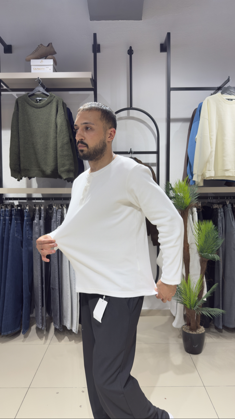 Regular Fitilli Henley Yaka Uzun Kollu Tişört Beyaz