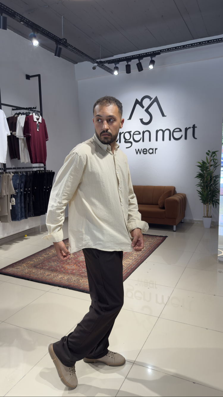 Oversize %100 Pamuk Keten Gömlek Bej