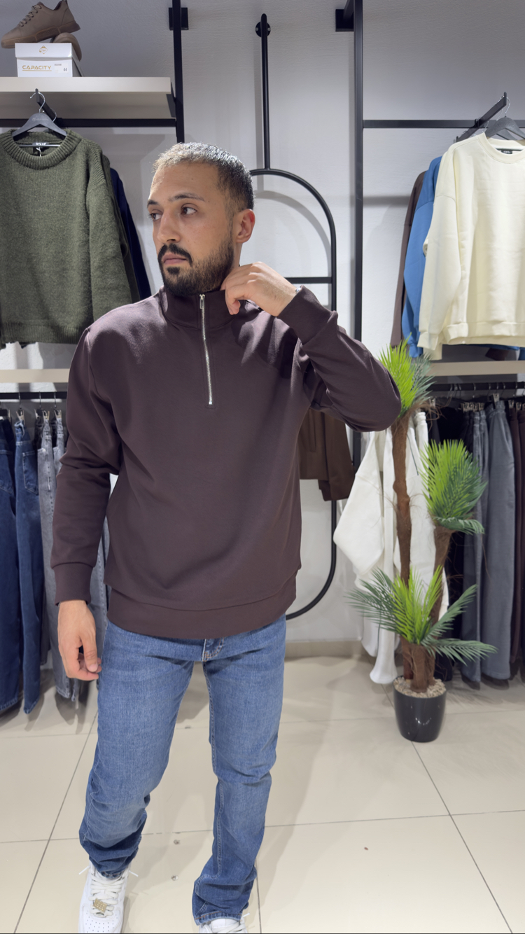 Regular İnterlok Kumaş Yarım Fermuar Sweatshirt Acı Kahve 
