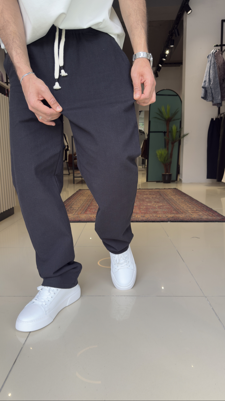 Baggy Keten Pantolon Siyah