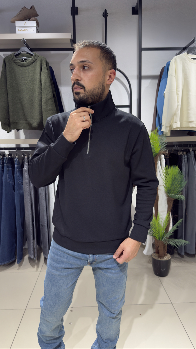 Regular İnterlok Kumaş Yarım Fermuar Sweatshirt Siyah 