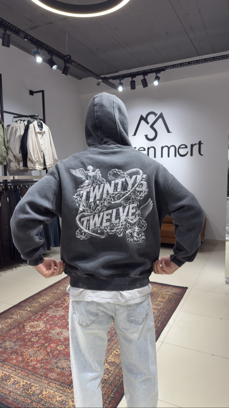 Oversize Yıkamalı Kumaş Baskılı Hoodie Koyu Gri