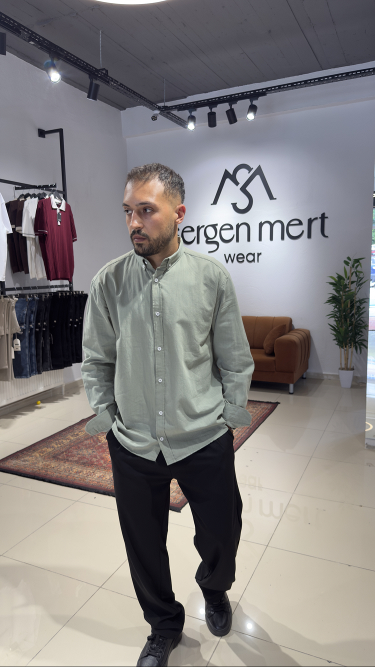 Oversize %100 Pamuk Keten Gömlek Çağla Yeşili