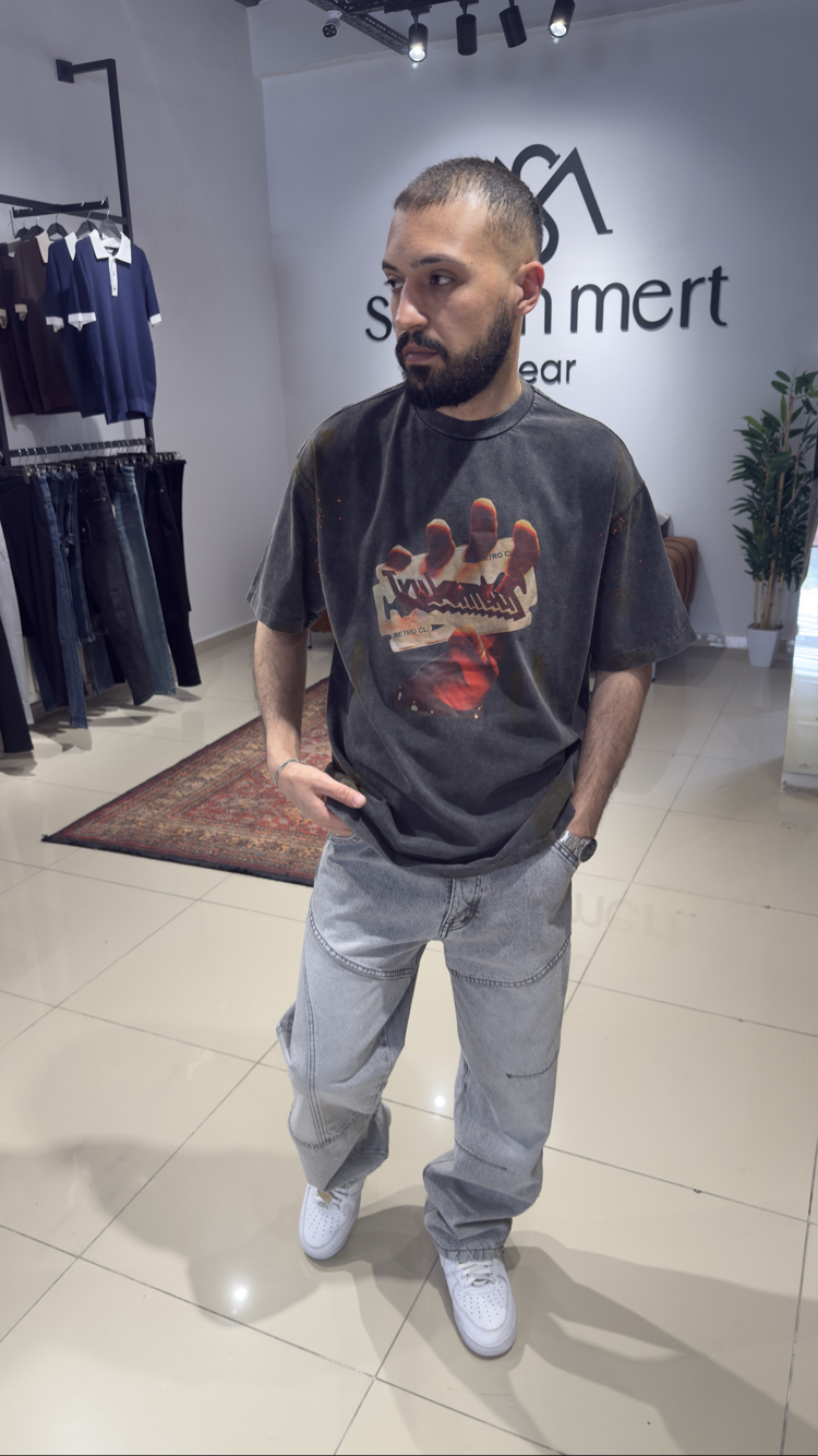 Oversize Baskı Boya Püskürtme Yıkamalı Süprem Tişört Antrasit