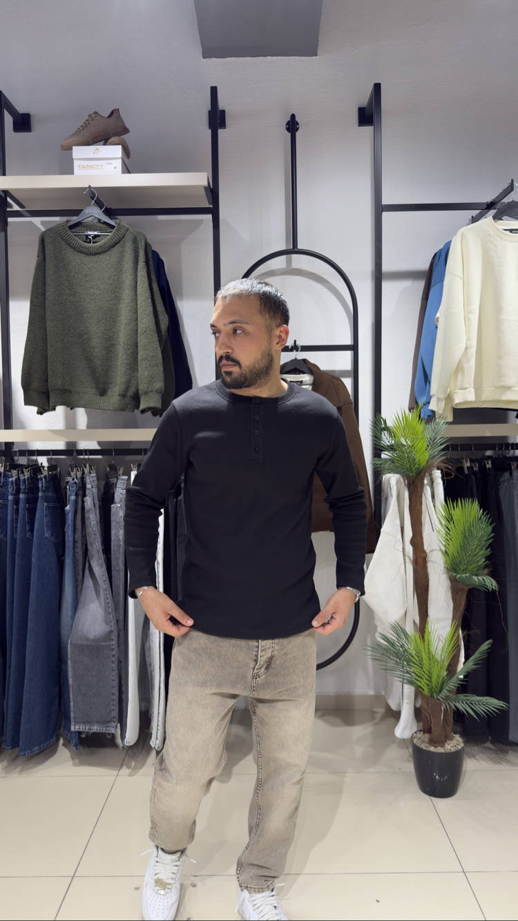Regular Fitilli Henley Yaka Uzun Kollu Tişört Siyah