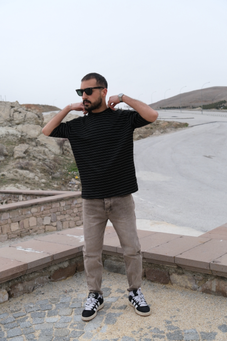 Oversize Çizgili Oysho Kumaş Tişört Siyah 
