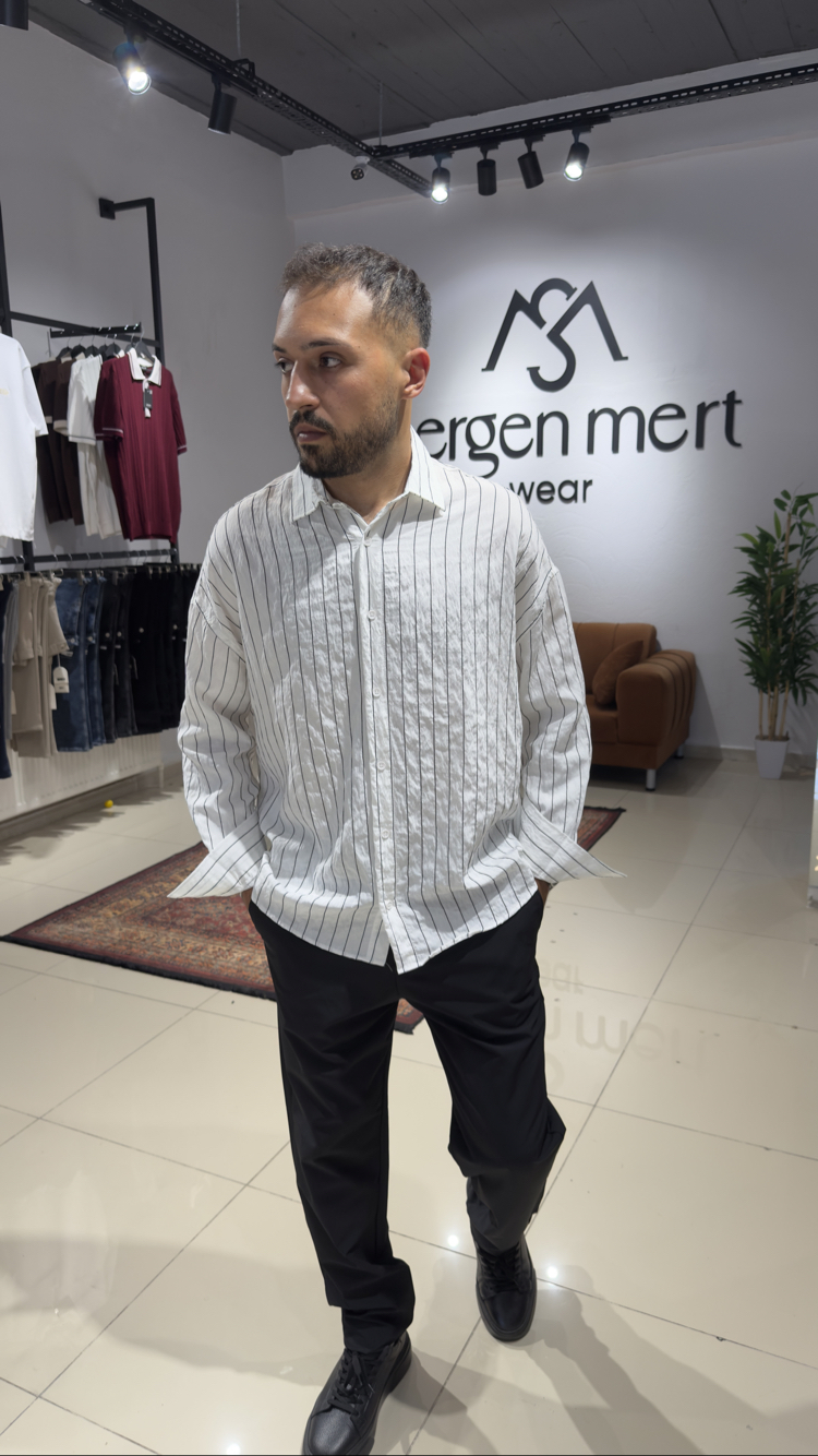 Oversize Siyah Çizgili Modal Gömlek Beyaz 