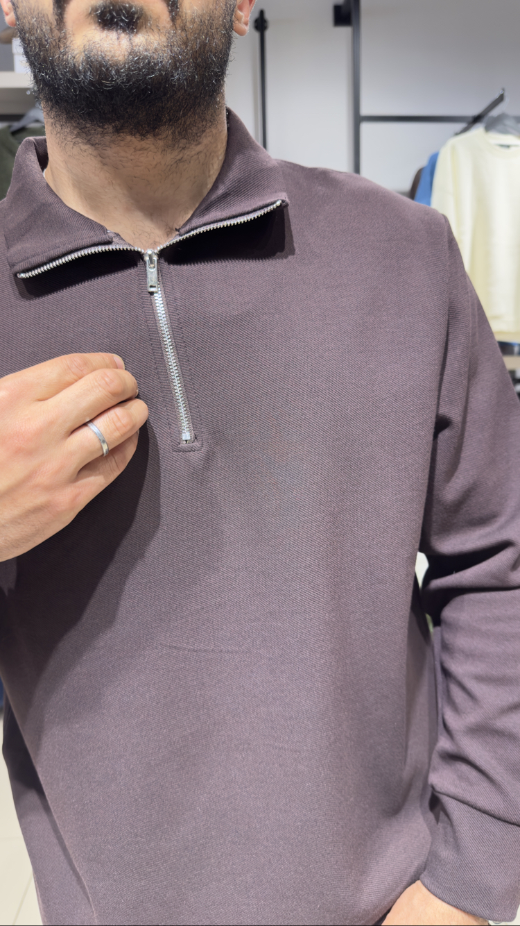 Regular İnterlok Kumaş Yarım Fermuar Sweatshirt Acı Kahve 