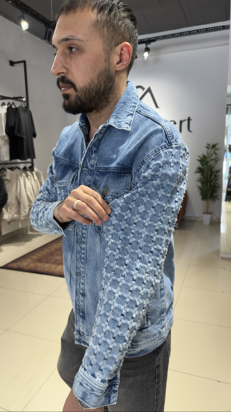 Oversize Kol Detaylı Denim Ceket Buz Mavi