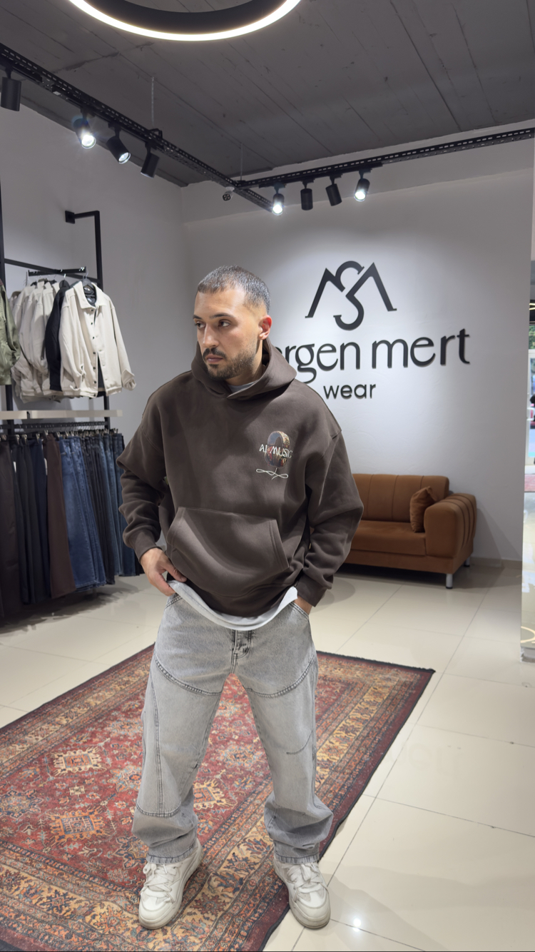Oversize Fırçalı Kumaş Baskı Nakış İşlemeli Hoodie Acı Kahve 