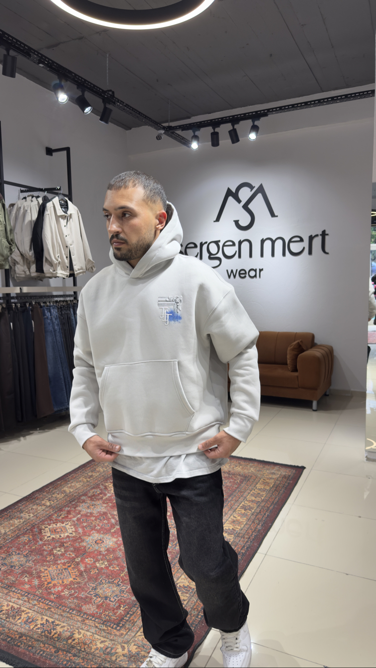 Oversize Baskılı Nakışlı Hoodie Açık Gri