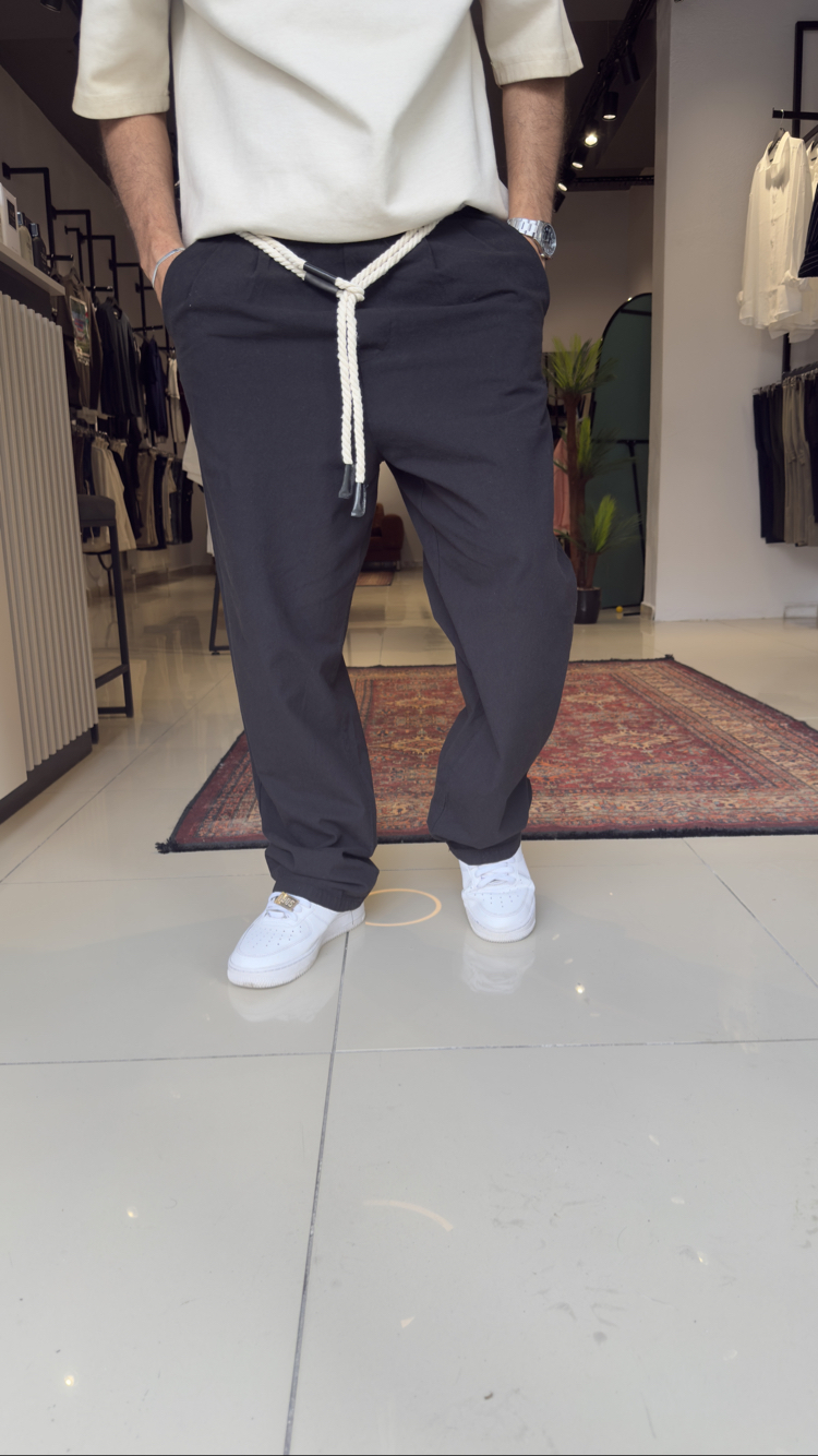 Baggy Kemerli Keten Pantolon Siyah