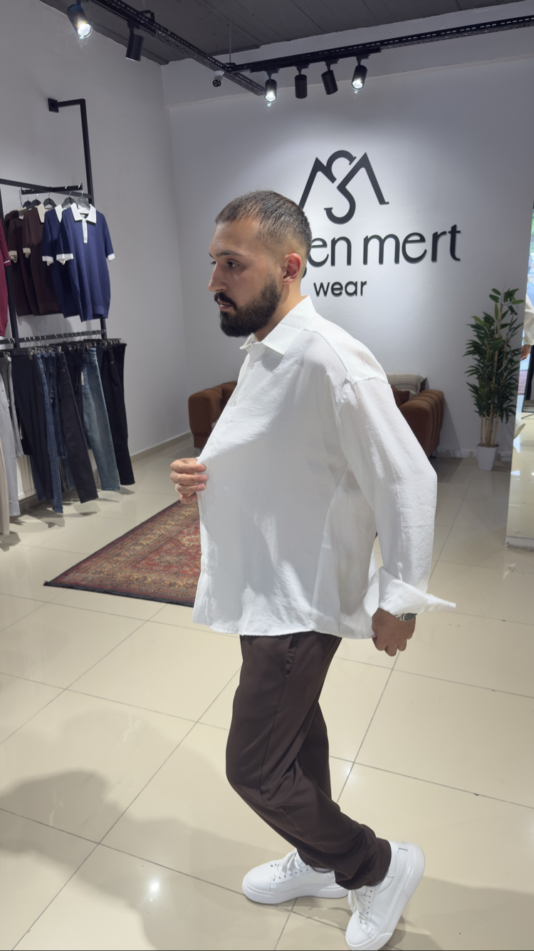 Oversize Tensel Kumaş Gömlek Beyaz